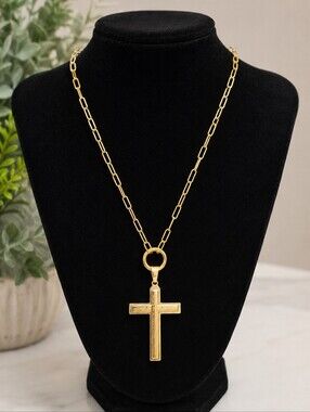 Lord's Prayer Gold Cross Pendant + Plunder Chain Necklace 2" L x 1.25" W